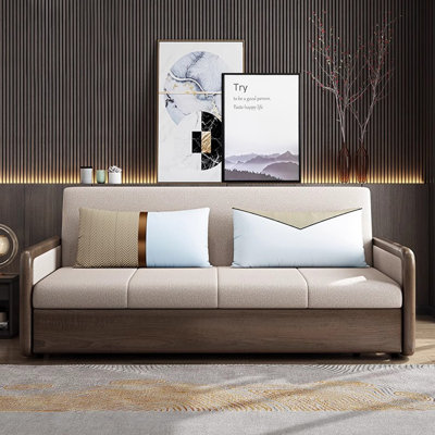 Beige,Nut-brown Cotton and Linen Solid Wood Steel Standard Sofa bed