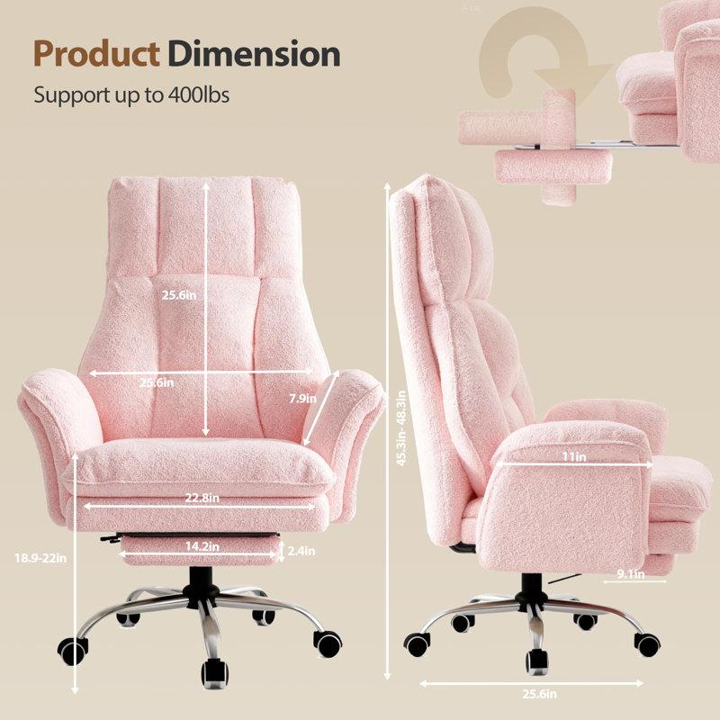 Big and Tall Teddy Office Chair, Flip Armrests for Pets & Cross Legged Sitting, Executive Ergonomic Computer Gaming Chair with Foot Rest