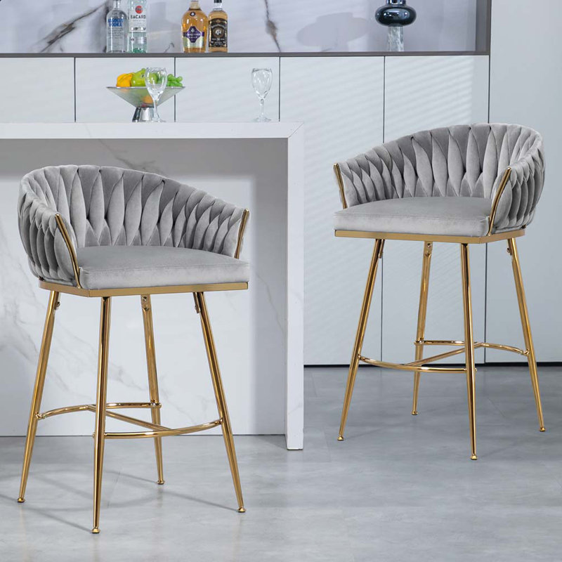 Velvet Upholstered Counter Height Bar Stools, Gray