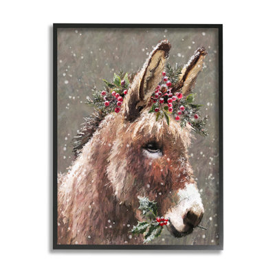 Winter Donkey Snow Falling Black Framed Giclee Art by Pip Wilson