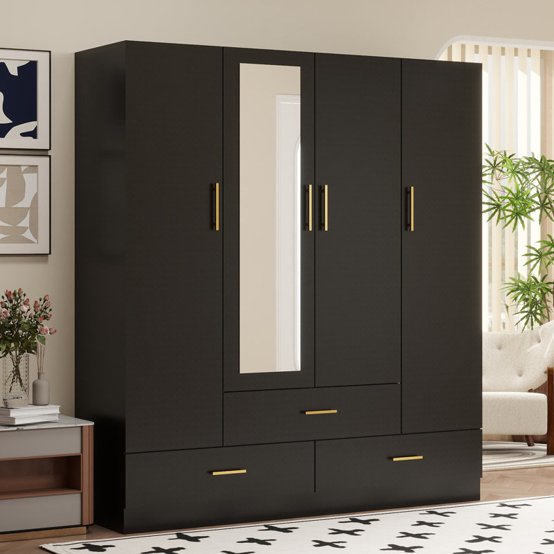 Armoire penderie noire autoportante avec miroir et tiroirs