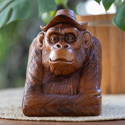  Handmade Pensive Orangutan Wood Sculpture