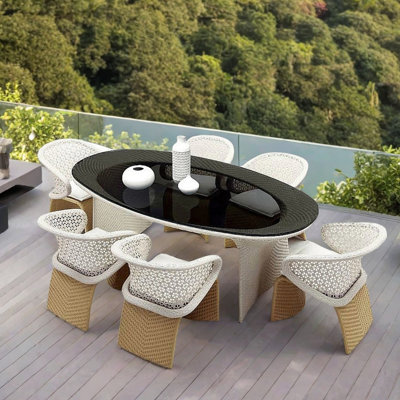 PE Rattan Tempered Glass Patio Table Set 6 - Person Wicker Patio Dining Set with Oval Table , Cushions Included