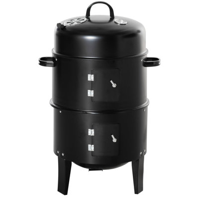 Barbecue vertical au charbon 3-en-1 avec deux zones de cuisson, thermomètre, foyer extérieur, cuisinière ronde