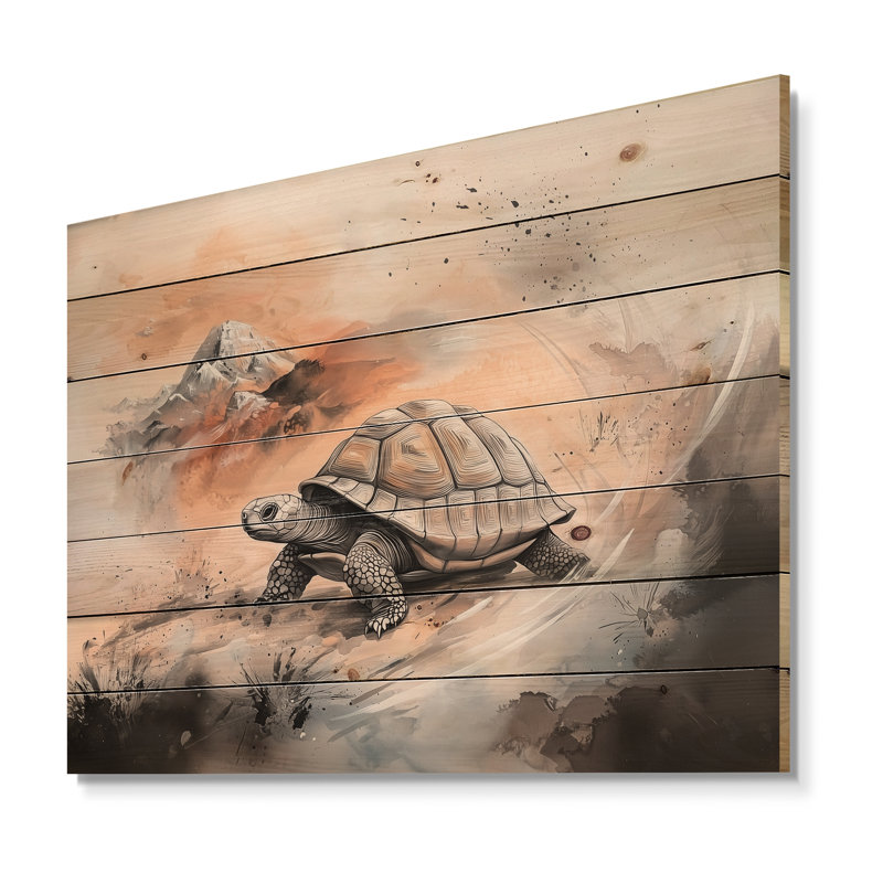Steady Tortoise Perseverance - Modern Grey Wood Print On Natural Pine Wood, 10" H x 20" W