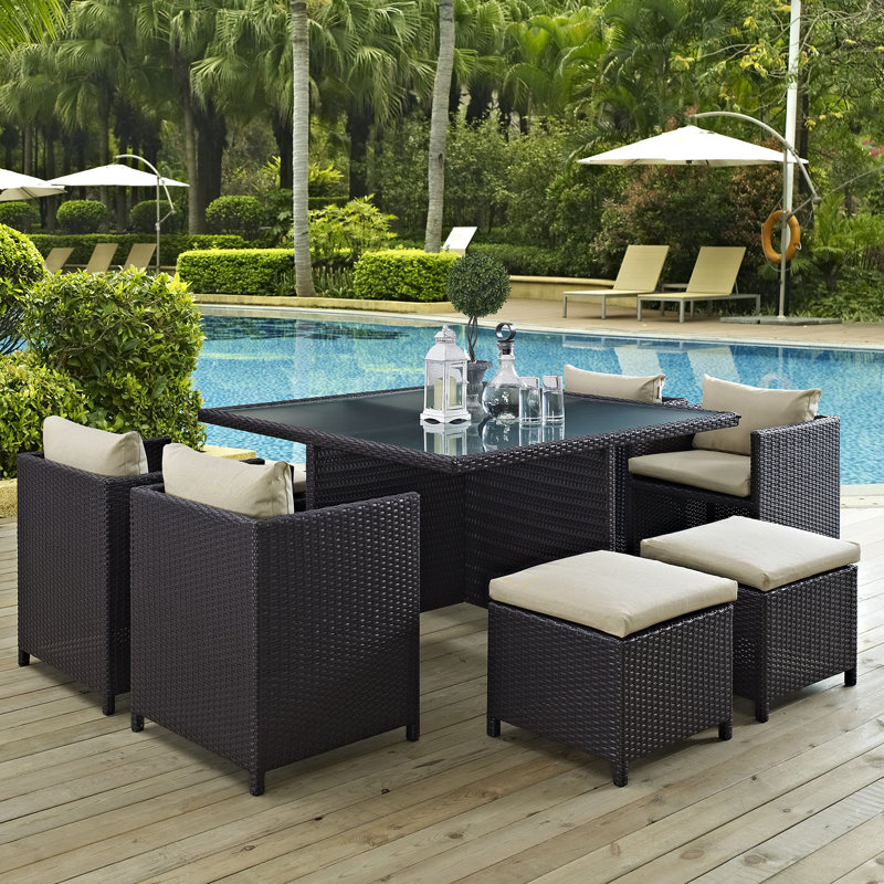 Reverse 9 Piece Outdoor Patio Dining Set with Cushions, Beige Polyester Blend