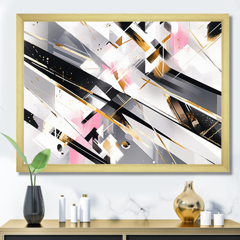 Abstrait symétrique rose et gris - Cubisme, impressions sur toile, Cadre doré, H 34 po x l 44 po x P 1,5 po