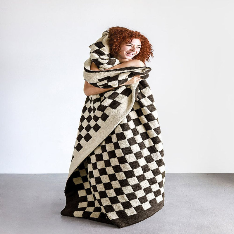 Checkerboard Checkered Knitted Throw Blanket, Mocha/Sahara Tan Checkered