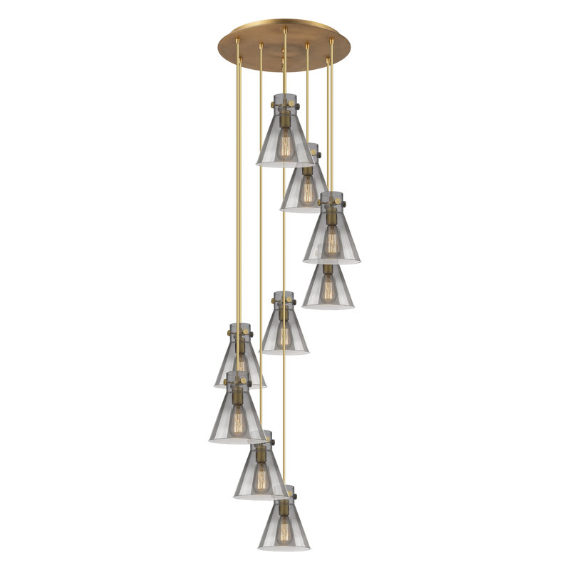 Luminaire suspendu grappe 9 lumières Amrith, Laiton brossé, Gris fumée clair