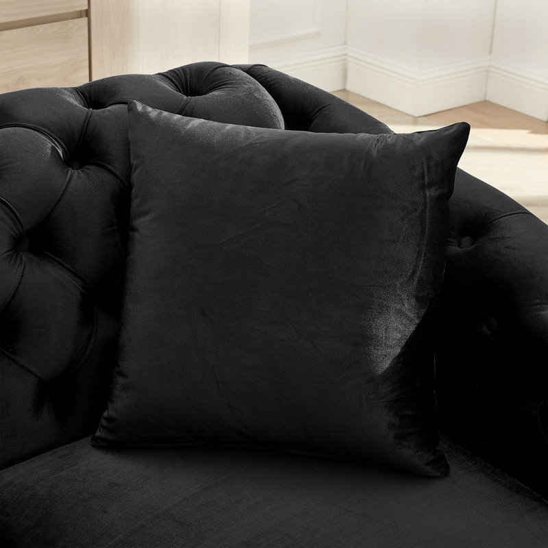 Canapé de luxe 84 po en velours capitonné avec décoration en acier inoxydable doré, Noir