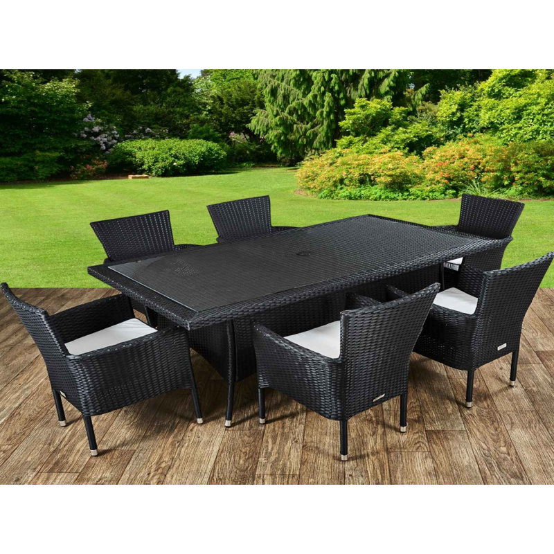 Copenhaver Patio Dining Set with Rectangular Table , Cushions Included, Black/Vanilla