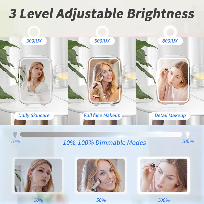 Pearl White 4L Portable Skincare Fridge with Dimmable LED Mirror, Cool & Warm Function for Cosmetics, White