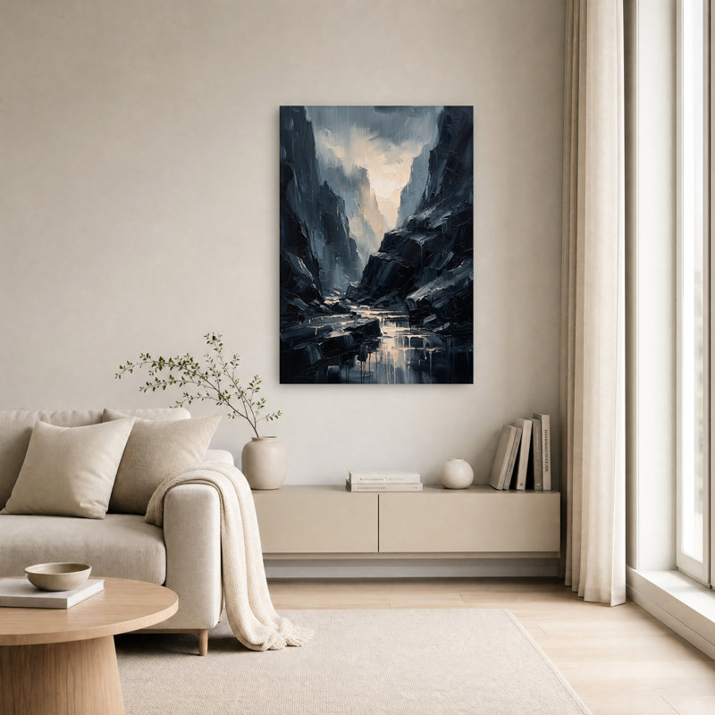 Tableau sur toile représentant un canyon bleu foncé à la lumière chaude, H 30 po x l 20 po