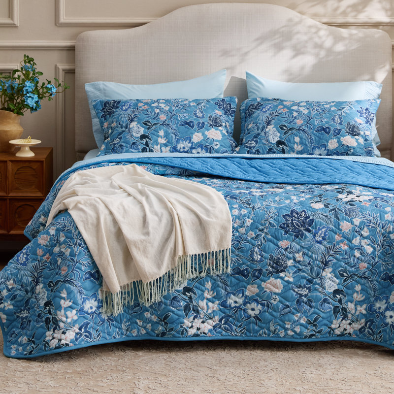 Couvre-lit Literie Floral - édredon réversible à motif floral bleu, couvre-lit léger et matelassé en microfibre