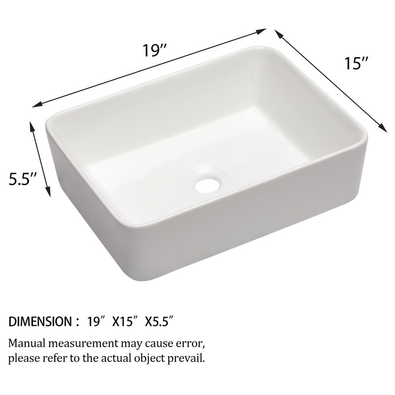 19"X15" Ceramic Vessel Sink For Bathroom - Sleek And Fashionable With Low Water Absorption Surface White Rectangular Modern Design Acid Stain Resistance Characteristic