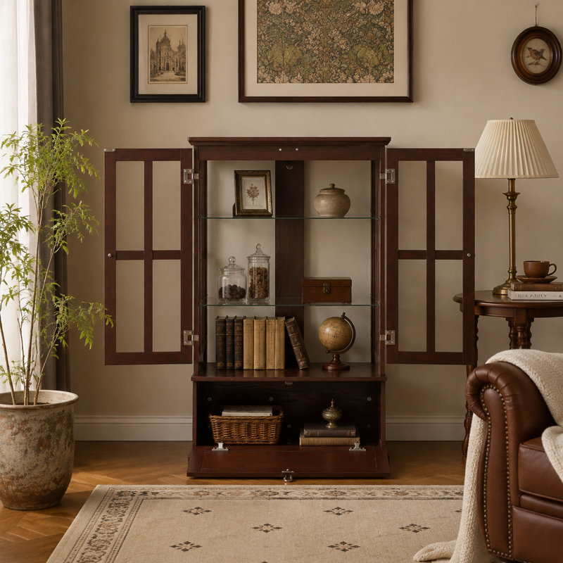 Vitrine H 46,89 po avec portes en verre, armoire de rangement à 2 niveaux avec éclairage RVB et tiroir rabattable, Brown