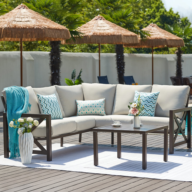 Nolensville Outdoor 5-Person L-Shaped Patio Conversation Set, Beige Cushion/Dark Brown Frame
