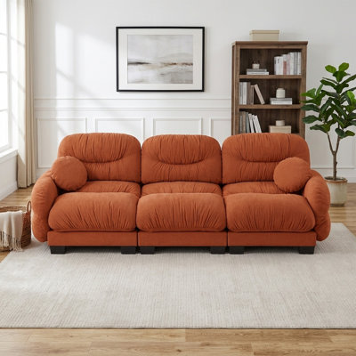 116" Cozy Pleated Modular 3-Seater Sofa with Chenille Fabric and 2 Round Throw Pillows