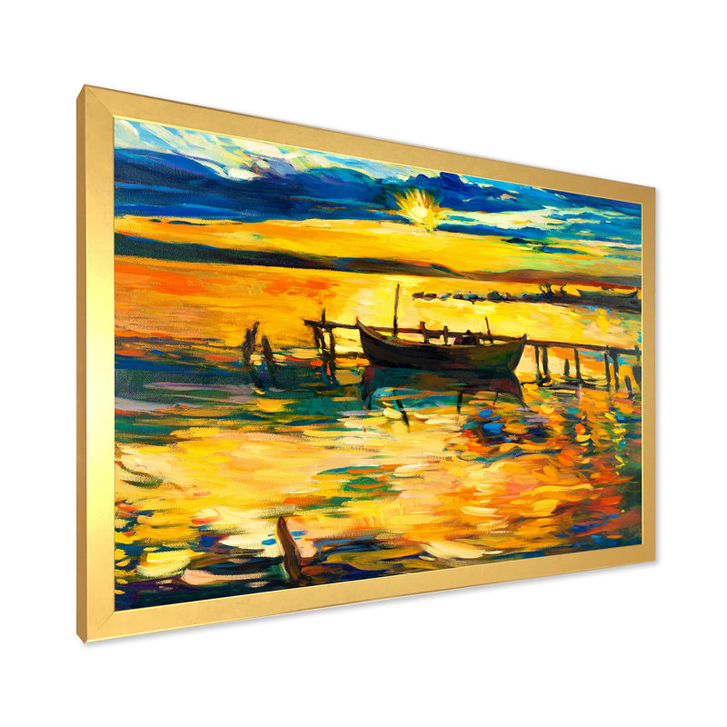 «Boat Pendant Evening Glow At The Lake VI», peinture sur toile, H 24 po x l 32 po x P 1 po, Encadrement doré