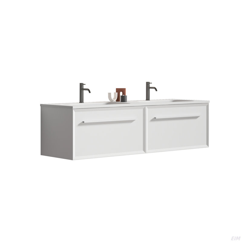 Meuble-lavabo 60 po blanc neige avec tiroir à DEL automatique, meuble-lavabo mural avec lavabo à surface solide intégré, SANS drain, pré-assemblé