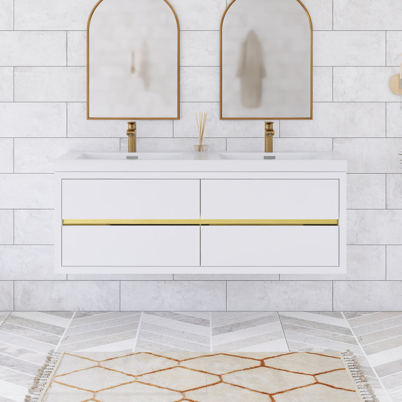 Ensemble de meuble-lavabo mural 59 po avec plateau en résine 59 po, Blanc, 59"
