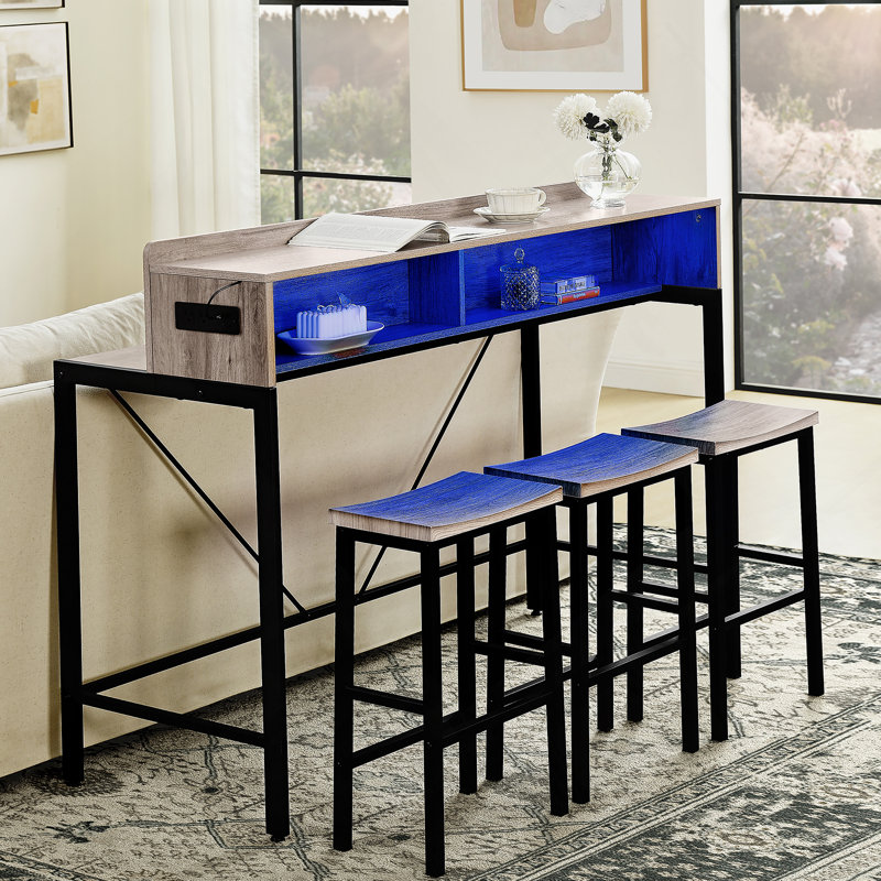 Bar Table Set With Power Socket, LED Light And Saddle Stools, Ideal For Living, Dining And Kitchen Spaces, Gray