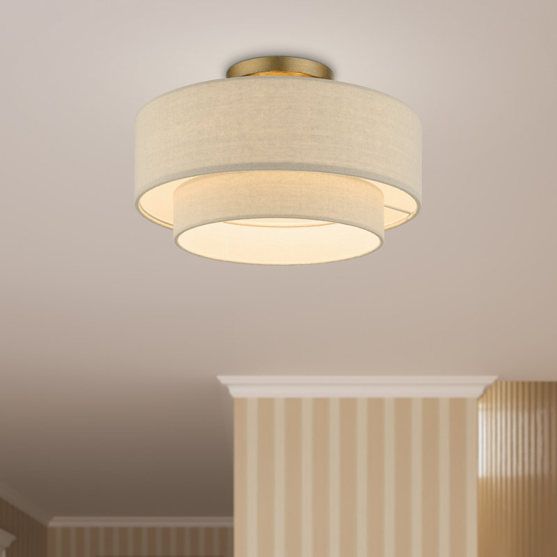 Bhagipuri Linen Blend Semi Flush Mount, Cream, 8.75" H x 15" W x 15" D, Antique Gold Leaf