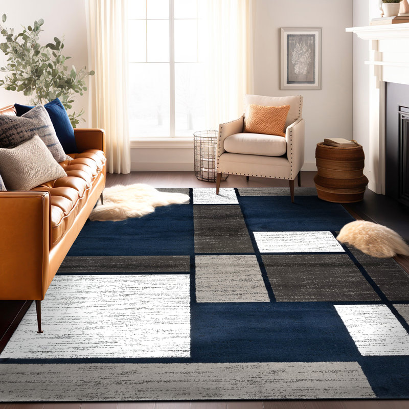 Mehul Woven Geometric Navy/Gray/White Area Rug – Modern, Durable Polypropylene, Medium Pile for Living Room, Bedroom, and Office
