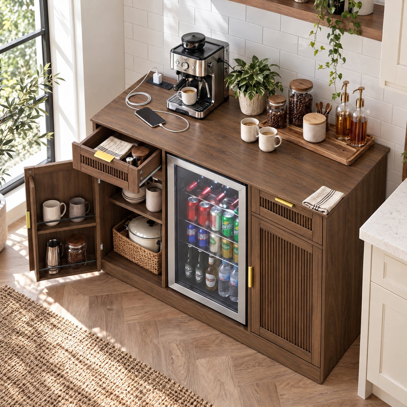 Meuble-bar à café cannelé de 135,5 cm de large avec compartiment réfrigérateur et prise électrique, buffet avec rangement, noyer