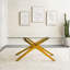 Modern rectangular glass coffee table with clear tempered top and metallic gold legs for living room display