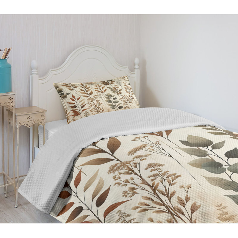 Gray Twin Quilted Bedspread Set with Botanical Print