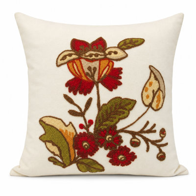 Floral Crewel Embroidery Cotton Throw Pillow