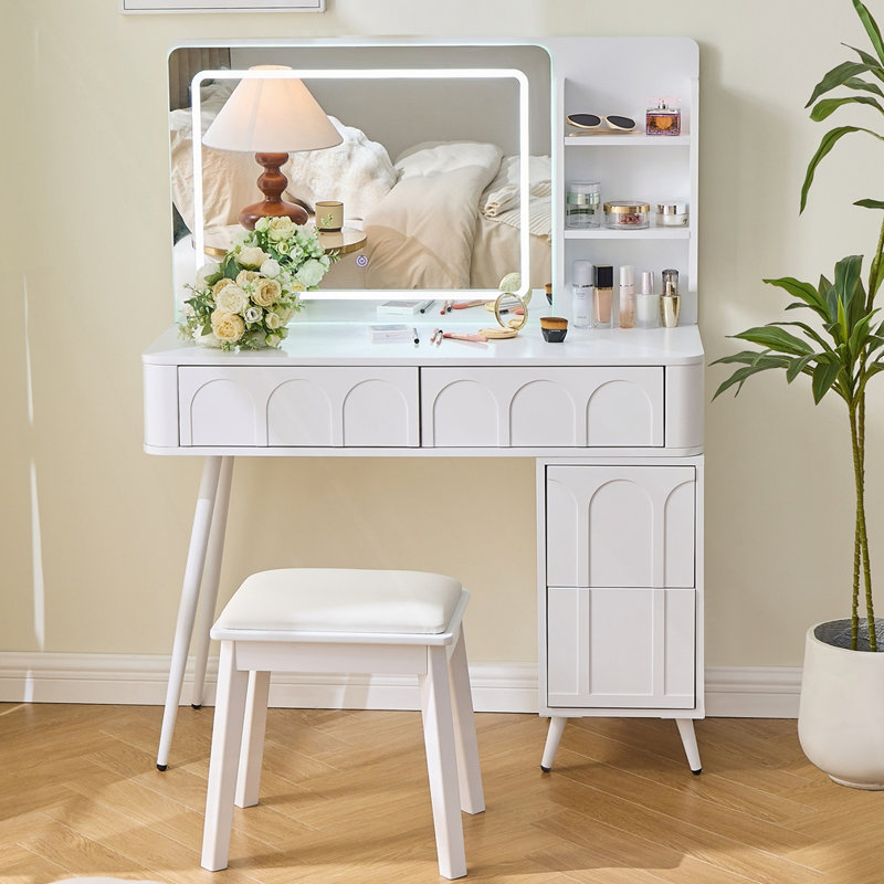Meuble-lavabo moderne avec miroir à lumières DEL et tabouret, Blanc