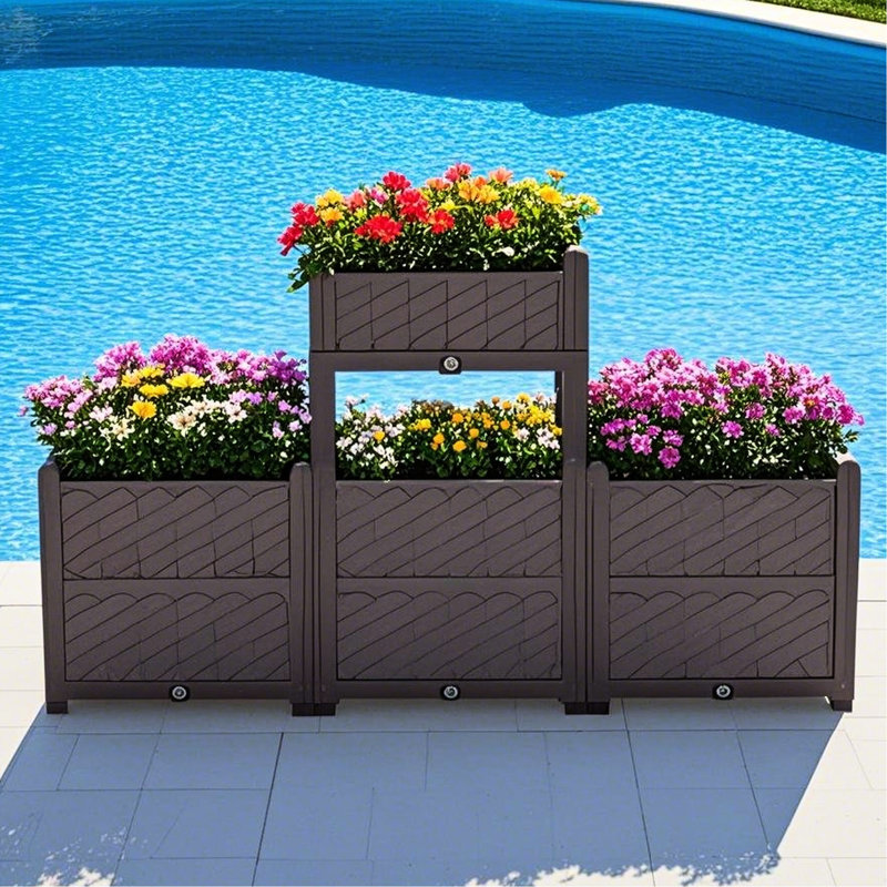 Ensemble de jardin rectangulaire en café - jardinière en polypropylène pour l'intérieur et l'extérieur. Peu encombrant, simple à construire. Plantez des légumes frais, des herbes, des fleurs, des plantes grasses. Préservé. Balcon idéal