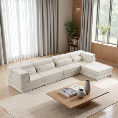 Compression Mahjong Sofa,Convertible Floor Sofa Bed,DIY Boneless Modular Sectional Sofa,No Assembly Required,Circle Fleece Fabric,Oversized 4 Seater With 1 Ottoman