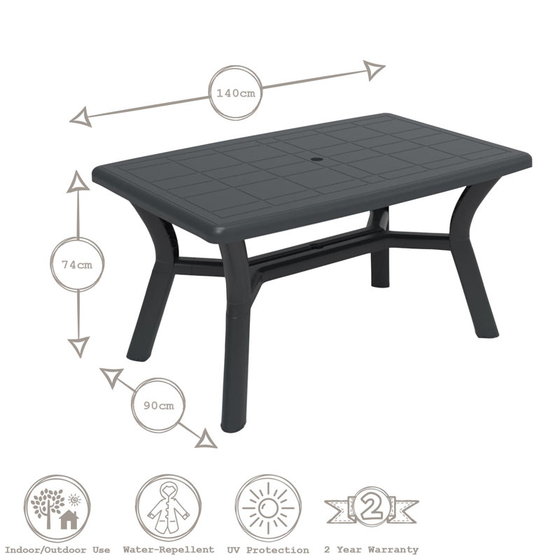 Resol - 4 Seater Tulip Rectangular Plastic Garden Dining Table - 90cm x 140cm, Grey