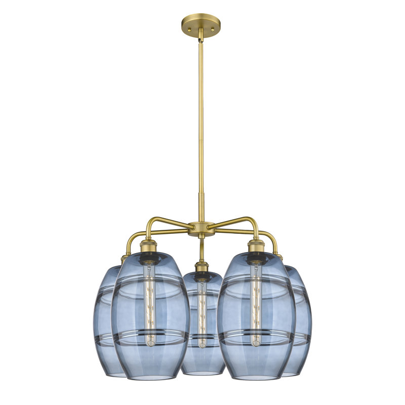 Lustre rond / ovale à abat-jour 5 lumières, H 15,38 po x l 26 po x P 26 po, Bleu princesse, Laiton brossé