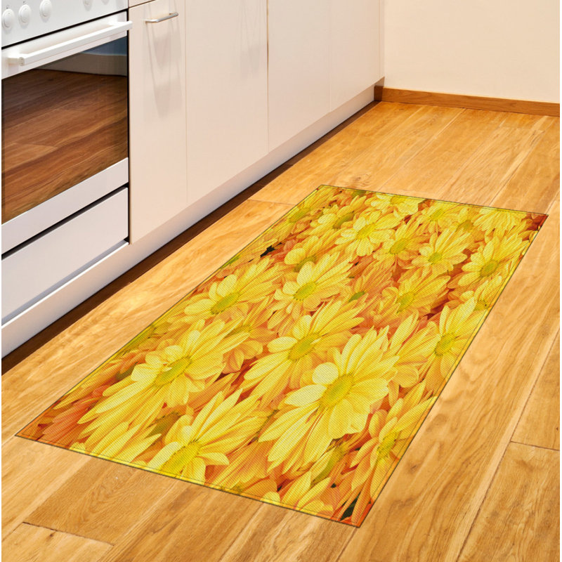 Yellow Flower High Density Long Fiber Poly Threads Decorative Area Rug Carpet, Rectangle 2'7" x 5'