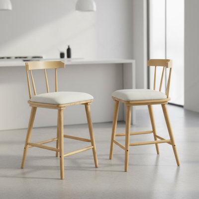 Tabouret de comptoir d'intérieur en bois rembourré, finition naturelle avec revêtement beige, style Windsor, ensemble de 2