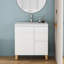 Meuble-lavabo 31,5 po blanc brillant sans poignée avec lavabo, 1 porte, 2 tiroirs et pieds en bois massif naturel