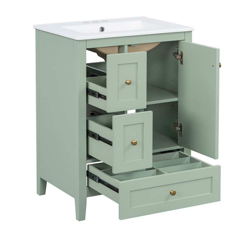 Meuble-lavabo de 24 po avec lavabo en céramique, armoire de rangement avec séparateurs amovibles, Vert