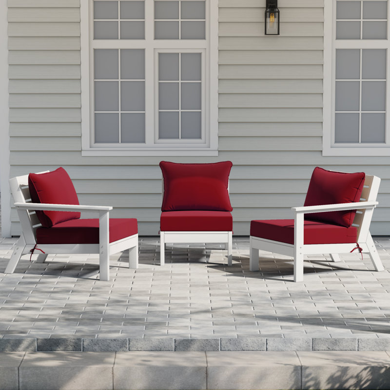 3-Piece Deep Seating Set With Cushions, White, Red