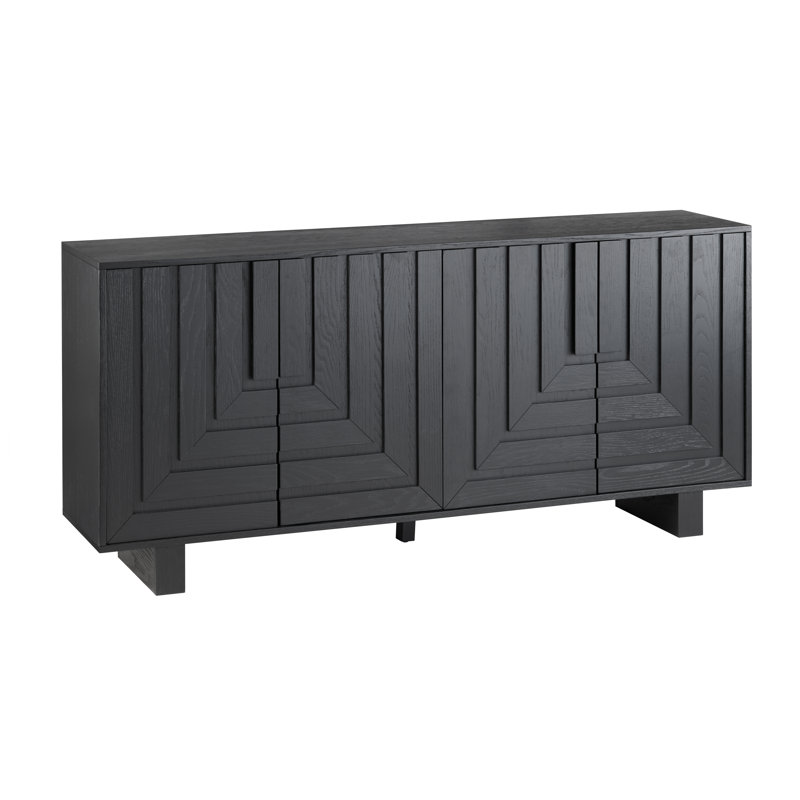 Millton 74" Black Solid Wood 4 Door Media Credenza_Sideboard
