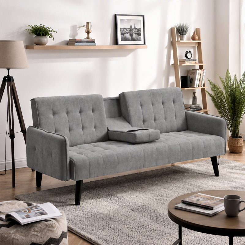Canapé-lit de 72 po - Dossier pliant convertible en lit double avec porte-gobelet et table rabattable - Canapé en lin compact pour petits espaces - Assemblage facile, gris