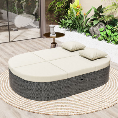 2-Person Rattan Chaise Lounge with Adjustable Backrests and Cushions for Patio or Poolside