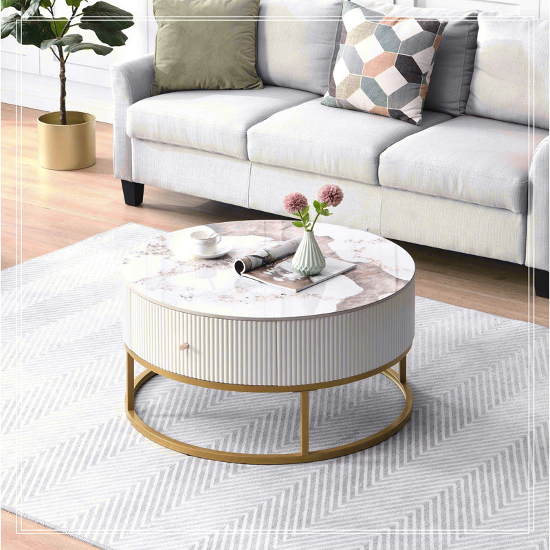 Modern Round Coffee Table with Drawers, Marble Table with Storage, Coffee Table