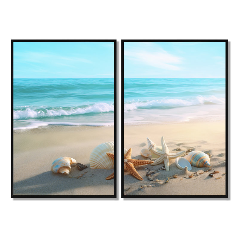 Bord de mer côtier - art mural beige 2 pièces, Black, 36" H x 48" W, Impression encadrée flottante