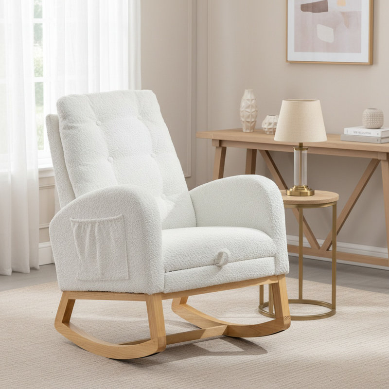 Chaise berçante d'appoint rembourrée à haut dossier avec repose-pieds et poche de rangement pour le salon, White