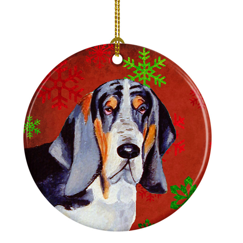 Ornement figurine suspendu en céramique de noël flocon de neige basset hound