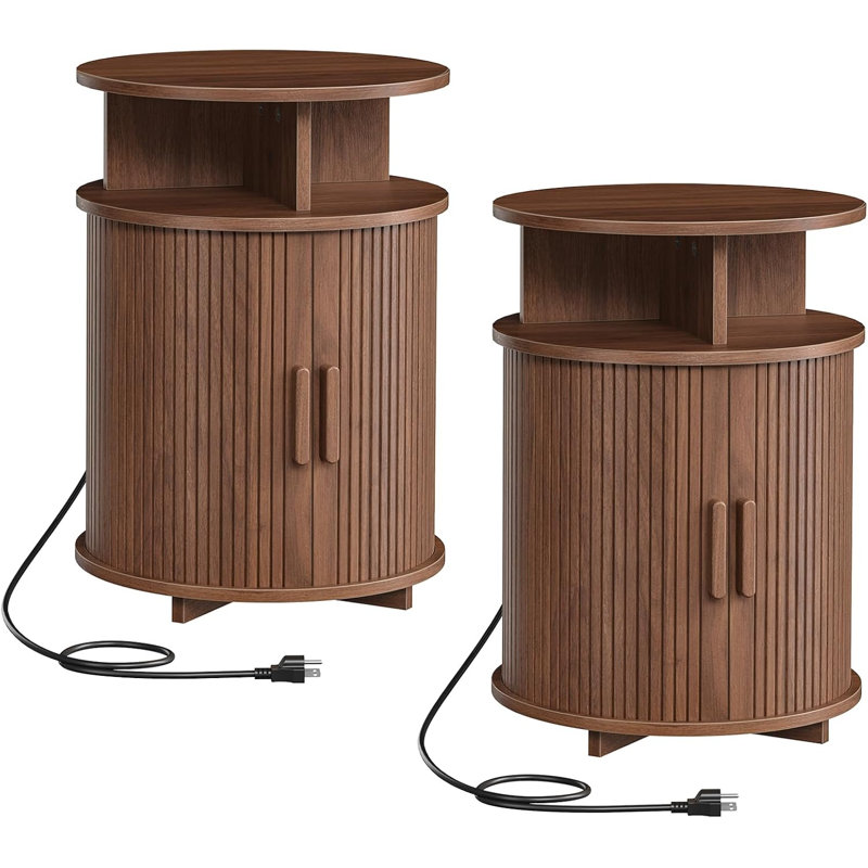 Tables de bout rondes cannelées de 15,7 po avec station de charge et porte de tambour coulissante, table de chevet Mid-Century avec rangement pour petits espaces